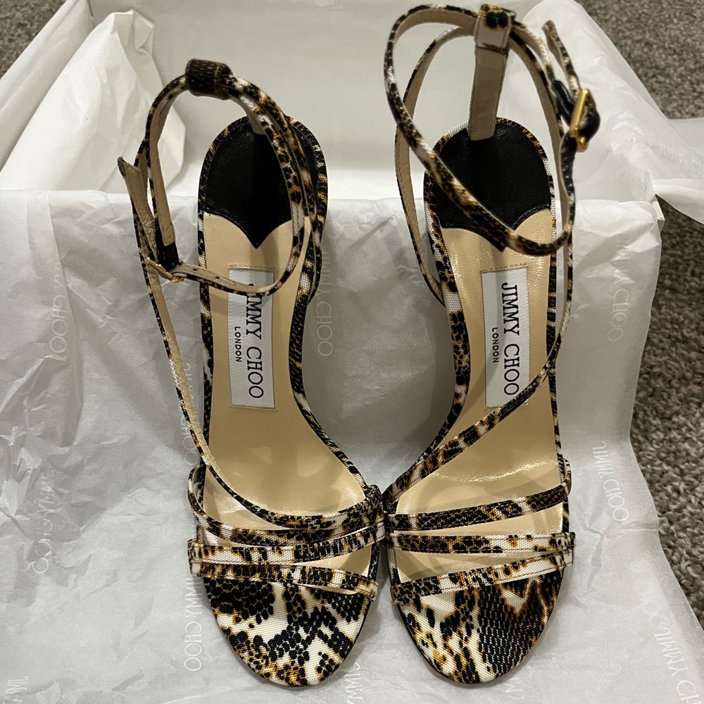 Jimmy Choo Leopard Print Strappy Sandals in Black, Brown, Cream